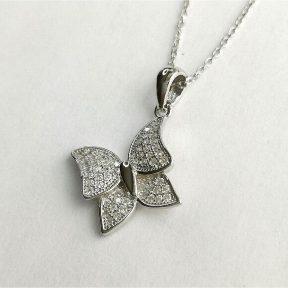 NEW Modern butterfly pave cz sterling silver pendant necklace - Picture 7 of 7